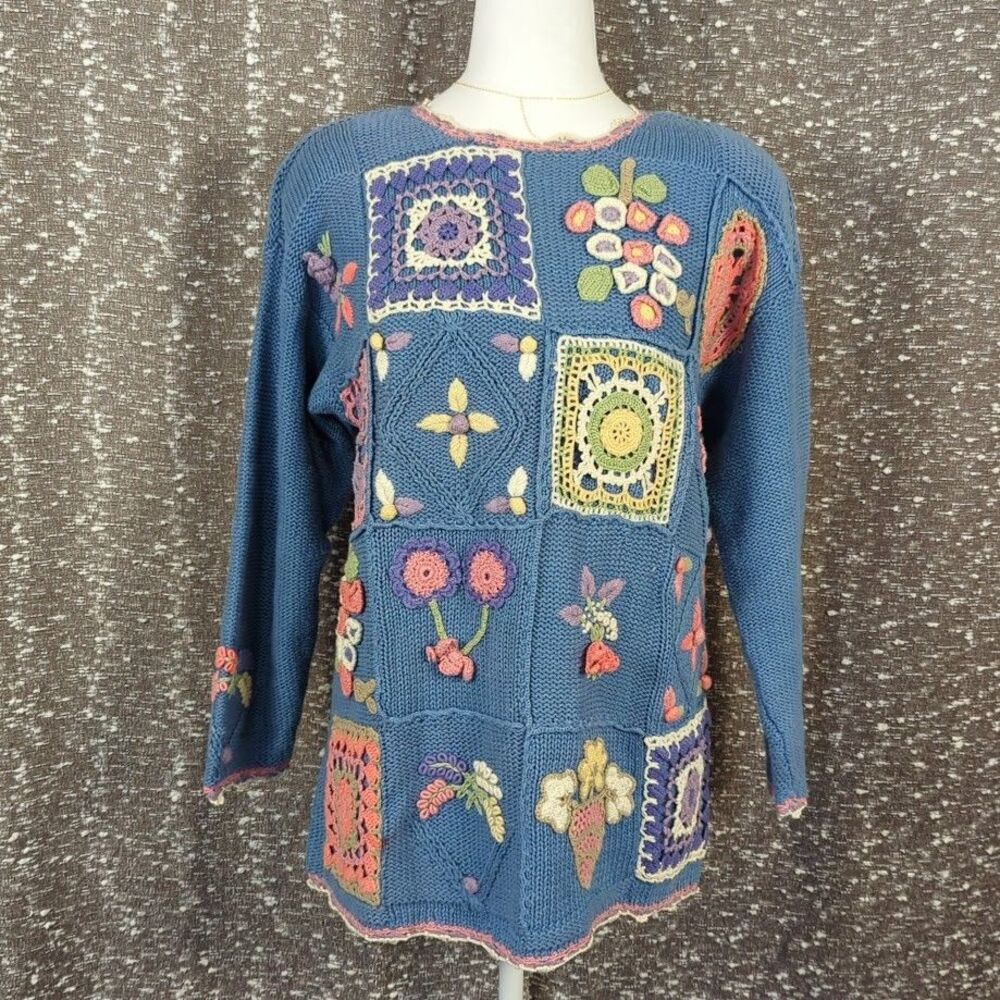 Vintage Ivy Hand Knit Grandma Sweater Blue Crochet Accents Cottagecore